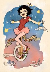 Rule 34 | 1girl, black hair, character name, cuphead (game), full body, hilda berg, humanization, oimo (14sainobba), outstretched arms, short hair, simple background, star (sky), star (symbol), sunset, tan background, unicycle