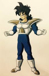 Rule 34 | 1boy, armor, black eyes, black hair, boots, clenched hands, commentary request, dragon ball, dragonball z, frown, full body, gloves, highres, lee (dragon garou), long hair, looking at viewer, male focus, shaded face, simple background, smile, solo, standing, white background, white gloves, yamcha
