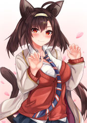 Rule 34 | 1girl, ahoge, animal ear fluff, animal ears, azur lane, blue necktie, blue skirt, blush, breasts, brown hair, buttons, cardigan, cat ears, cat tail, claw pose, cleavage, collared shirt, commentary request, gradient background, hair intakes, hairband, highres, independence (azur lane), independence (transfer student from afar) (azur lane), jacket, kemonomimi mode, large breasts, long hair, long sleeves, looking at viewer, low ponytail, miniskirt, necktie, open clothes, open jacket, petals, pink background, pleated skirt, red cardigan, red eyes, ryara, school uniform, shirt, skirt, smile, solo, striped necktie, striped neckwear, tail, undershirt, upper body, very long hair, white background, white jacket, white shirt