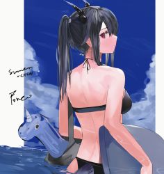 Rule 34 | 1girl, absurdres, arknights, back, back focus, bare arms, bare shoulders, bikini, black bikini, black hair, blue sky, breasts, ch&#039;en (arknights), character name, cloud, commentary, day, dragon horns, from behind, halterneck, highres, horns, long hair, looking at viewer, looking back, medium breasts, outdoors, parted lips, ponytail, profile, red eyes, sky, solo, swimsuit, upper body, wading, water, yougashi