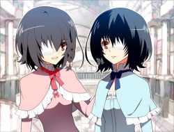 Rule 34 | 2girls, another, black hair, blue dress, blue ribbon, braid, commentary request, dress, eyepatch, fujioka misaki, hand on another&#039;s back, indoors, looking at another, misaki mei, multiple girls, neck ribbon, nyoro (nyoronyoro000), parted lips, pink dress, red eyes, red ribbon, ribbon, short hair, siblings, smile, twins