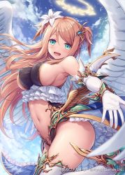 Rule 34 | 1girl, :d, akkijin, angel, angel wings, armpits, bare shoulders, blonde hair, breasts, center opening, cloud, elbow gloves, feathered wings, floating hair, flower, frills, gloves, gold trim, green eyes, hair flower, hair ornament, halo, highleg, large breasts, long hair, looking at viewer, navel, official art, open mouth, outstretched arm, revealing clothes, shinkai no valkyrie, sideboob, smile, solo, stomach, thighhighs, thighs, two side up, waist cape, watermark, white gloves, white thighhighs, wings
