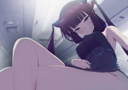 Rule 34 | 1girl, ashino moto, blue eyes, blurry, blurry background, china dress, chinese clothes, crossed legs, dress, fate/grand order, fate (series), from below, grin, long hair, purple hair, sitting, smile, solo, thighs, twintails, yang guifei (fate), yang guifei (second ascension) (fate)