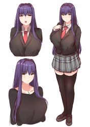 Rule 34 | 1girl, black jacket, black shirt, black thighhighs, blush, breasts, collarbone, grey skirt, highres, jacket, jewelry, john zhang, large breasts, long hair, long sleeves, looking at viewer, multiple views, necklace, necktie, open mouth, original, purple hair, red neckwear, school uniform, shirt, simple background, skirt, thighhighs, thighs, yellow eyes
