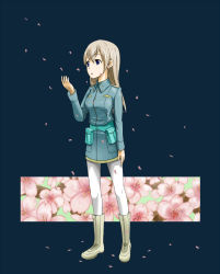 Rule 34 | 1girl, animal ears, blonde hair, blue eyes, boots, cherry blossoms, eila ilmatar juutilainen, female focus, fox ears, fox tail, long hair, military, military uniform, pantyhose, petals, plant, pouch, solo, strike witches, tail, uniform, wa ichirou, white pantyhose, world witches series