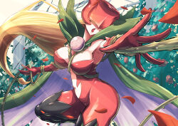 Rule 34 | 1girl, absurdres, armpits, bare shoulders, black footwear, blonde hair, bodysuit, boots, breasts, brooch, cape, cleavage, clothing cutout, commentary, covered eyes, cowboy shot, digimon, digimon (creature), elbow gloves, falling petals, floating hair, flower, gloves, green cape, hair flower, hair ornament, highres, holding, holding whip, jewelry, kotatsu (nukunuku), large breasts, lipstick, long hair, low-tied long hair, makeup, mask, navel, navel cutout, open mouth, petals, pillar, plant, red bodysuit, red gloves, rose bush, rosemon, solo, standing, standing on one leg, thigh boots, thorns, vine whip, vines, whip