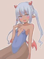 Rule 34 | 1girl, :d, black pantyhose, blue hair, breasts, covered navel, dark-skinned female, dark skin, fang, highres, horns, leotard, looking at viewer, malice stella, open mouth, original, pantyhose, playboy bunny, pointy ears, purple eyes, small breasts, smile, solo, twintails, wings