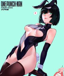 Rule 34 | 1girl, animal ears, black hair, cesar art456, cuffs, elbow gloves, fubuki (one-punch man), gloves, green eyes, hand on own hip, highres, leotard, looking back, one-punch man, playboy bunny, rabbit ears, rabbit tail, red lips, saitama (one-punch man), short hair, simple background, solo, tail, thighhighs, underbust