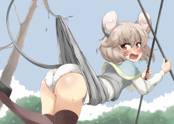 Rule 34 | 1girl, accidental exposure, animal ears, ass, black footwear, black thighhighs, blue capelet, blue sky, blush, capelet, commentary request, day, dowsing rod, fang, foot out of frame, grey hair, grey skirt, grey vest, hair between eyes, long sleeves, looking back, mepikari, mouse ears, mouse girl, mouse tail, nazrin, open mouth, outdoors, panties, red eyes, shirt, shoes, short hair, skin fang, skirt, skirt set, sky, solo, tail, thighhighs, touhou, tree, underwear, vest, white panties, white shirt
