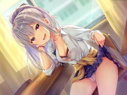 Rule 34 | 1girl, :d, absurdres, bead bracelet, beads, blue skirt, bowtie, bra, bracelet, breasts, cameltoe, chair, cleavage, clothes lift, collarbone, collared shirt, curtains, desk, dutch angle, fang, grey hair, highres, jewelry, lifted by self, long hair, looking at viewer, medium breasts, neckwear request, non-web source, odadadada, open clothes, open mouth, open shirt, original, panties, pleated skirt, ponytail, purple eyes, school chair, school desk, shirt, sidelocks, sitting, skin fang, skirt, skirt lift, smile, solo, thighs, unbuttoned, unbuttoned shirt, underwear, undone bowtie, unworn neckwear, white bra, white panties, white shirt, window