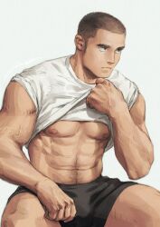 Rule 34 | 1boy, abs, bara, black shorts, bulge, buzz cut, clothes lift, feet out of frame, gentle2nd, long sideburns, looking ahead, male focus, muscular, muscular male, navel, navel hair, nipples, original, pectorals, shirt lift, short hair, short shorts, shorts, sideburns, sitting, solo, stomach, thick eyebrows, thick thighs, thighs, tied sleeves, toned, toned male, underpec, veins, veiny arms, very short hair