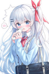 Rule 34 | 1girl, absurdres, ahoge, bag, blue cardigan, blue eyes, blush, bow, bowtie, cardigan, cellphone, collared shirt, hair ornament, hair ribbon, hairclip, highres, holding, holding phone, long hair, long sleeves, looking at viewer, one side up, open mouth, original, phone, red bow, red ribbon, ribbon, school bag, school uniform, shirt, simple background, smartphone, solo, spoken blush, sweatdrop, tyutaka0427, upper body, white background, white hair, white shirt