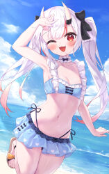 Rule 34 | 1girl, ;d, absurdres, arm up, bare arms, bare shoulders, bikini, black bow, blue bikini, blue sky, blush, bow, breasts, brown footwear, cloud, collarbone, commentary request, day, fang, hair bow, highleg, highleg bikini, highres, hololive, horizon, horns, layered bikini, looking at viewer, masaki (msk064), multicolored hair, nakiri ayame, nakiri ayame (hololive summer 2019), navel, ocean, one eye closed, oni, open mouth, outdoors, red eyes, red hair, sandals, skin-covered horns, sky, small breasts, smile, solo, standing, standing on one leg, streaked hair, swimsuit, twintails, virtual youtuber, water, white hair