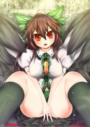 Rule 34 | 1girl, between legs, black hair, blush, bow, breasts, brown eyes, cape, covering privates, covering crotch, fang, female focus, giorgio claes, hair bow, hand between legs, highres, large breasts, long hair, open mouth, reiuji utsuho, sitting, skirt, smile, solo, third eye, touhou, v arms, wings
