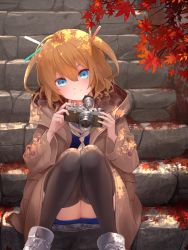 Rule 34 | 1girl, autumn leaves, azur lane, black thighhighs, blonde hair, blue eyes, brown jacket, camera, closed mouth, gridley (azur lane), hair between eyes, highres, holding, holding camera, jacket, knees up, long sleeves, neckerchief, shoes, short hair, sitting, sitting on stairs, smile, sneakers, solo, stairs, stone stairs, sumi (kjtd2458), thighhighs, two side up, white footwear, yellow neckerchief