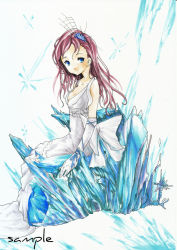 Rule 34 | 1girl, bare shoulders, blue eyes, blue ribbon, breasts, cleavage, closed mouth, collarbone, dress, elbow gloves, expressionless, female focus, gloves, hair ornament, hairpin, ice, kurishiro, long hair, looking at viewer, original, purple hair, ribbon, sample watermark, simple background, sitting, sleeveless, sleeveless dress, smile, solo, watermark, white background, white dress, white gloves