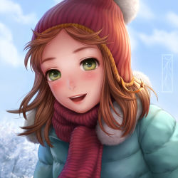 Rule 34 | 1girl, :d, beanie, blush, brown hair, cloud, coat, day, fur trim, green eyes, hat, kotikomori, open mouth, original, outdoors, red scarf, scarf, sky, smile, solo, teeth, tree, upper body, winter clothes, winter coat