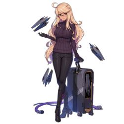 Rule 34 | 1girl, ahoge, alma armas, black-framed eyewear, black footwear, black gloves, black pants, blonde hair, blush, boots, breasts, brown eyes, crossed legs, crossover, dark-skinned female, dark skin, drone, full body, girls&#039; frontline, glasses, gloves, guest character, guest fighter, hand up, high heel boots, high heels, impossible clothes, impossible sweater, large breasts, long hair, long sleeves, looking at viewer, luggage, mechanical hands, official art, over-rim eyewear, pants, purple sweater, red-framed eyewear, ribbed sweater, semi-rimless eyewear, sidelocks, smile, solo, suitcase, sweater, terras, transparent background, turtleneck, unmanned aerial vehicle, unmanned combat aerial vehicle, va-11 hall-a, watson cross, wavy hair, weapon