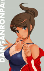 Rule 34 | 10s, 1girl, asahina aoi, bare shoulders, bikini tan, blue eyes, breasts, brown hair, cleavage, copyright name, danganronpa: trigger happy havoc, danganronpa (series), dark-skinned female, dark skin, grey background, hair ornament, hairclip, jacket, large breasts, long hair, looking at viewer, open clothes, open mouth, ponytail, seiru (prairie), solo, standing, strap pull, swimsuit, tan, tanline, tongue, track jacket, upper body
