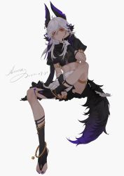 Rule 34 | 1boy, abs, absurdres, animal ears, aoma (xuanzexuexi), apron, artist name, black shirt, black skirt, black socks, closed mouth, crop top, cropped shirt, cyno (genshin impact), dark-skinned male, dark skin, dated, earrings, eyelashes, frilled skirt, frills, full body, genshin impact, gold trim, grey hair, hair over one eye, hand up, highres, invisible chair, jackal ears, jackal tail, jewelry, leg up, long hair, looking at viewer, male focus, midriff, nail polish, parted bangs, pleated skirt, puffy short sleeves, puffy sleeves, purple nails, red eyes, shirt, short sleeves, sidelocks, signature, sitting, skirt, socks, solo, stomach, swept bangs, tail, toeless legwear, toenail polish, toenails, toes, waist apron, white apron, white background, wrist cuffs
