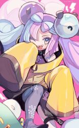 Rule 34 | 1girl, amezawa koma, bare shoulders, bellibolt, bike shorts, blue hair, bolt (hardware), bow-shaped hair, character hair ornament, creatures (company), game freak, grey pantyhose, hair ornament, highres, iono (pokemon), jacket, long hair, long sleeves, multicolored hair, nintendo, one eye closed, oversized clothes, pantyhose, pink background, pink hair, pokemon, pokemon sv, print pantyhose, sharp teeth, sleeves past fingers, sleeves past wrists, split-color hair, teeth, two-tone hair, yellow jacket