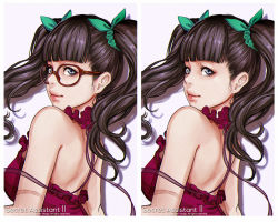 Rule 34 | artist name, bare back, bare shoulders, black hair, blunt bangs, border, bow, breasts, brown-framed eyewear, character name, closed mouth, dress, glasses, green bow, green ribbon, green scrunchie, hair ornament, hair scrunchie, lips, long twintails, magion02, medium breasts, ms.assistant, multiple views, no eyewear, original, purple dress, ribbon, scrunchie, shadow, simple background, twintails, variations, white border