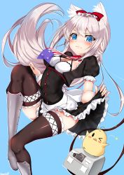 Rule 34 | &gt; o, 1girl, animal ears, azur lane, black thighhighs, blue eyes, blush, bow, cannon, cat ears, clothes lift, dress, frown, grey hair, hair bow, hammann (azur lane), highres, lifting own clothes, long hair, manjuu (azur lane), one eye closed, sazamiso rx, shin guards, simple background, skirt, skirt lift, solo, thighhighs, turret