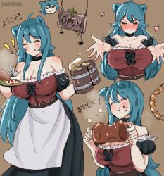 Rule 34 | !, !!, &gt; &lt;, 1girl, :3, :q, absurdres, animal ears, apron, bare shoulders, belt, blue hair, blush, boned meat, breasts, brown background, bug, choker, cleavage, closed eyes, closed mouth, cropped torso, detached sleeves, eating, english text, feet out of frame, food, hair between eyes, heart, highres, holding, holding food, holding plate, large breasts, meat, multiple views, noiretox, open hands, original, plate, shoulder blush, silk, simple background, skirt, spider, spider web, tankard, tongue, tongue out, translation request, upper body, waist apron