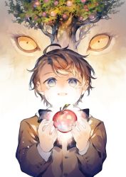 Rule 34 | 1boy, :d, animal, apple, aslan (the chronicles of narnia), asymmetrical bangs, blue eyes, brown hair, buttons, close-up, coat, crying, cut-in, digory kirke, eye focus, food, fruit, lion, messy hair, open mouth, parted bangs, smile, tamaki iori, the chronicles of narnia, tree, upper body, yellow eyes