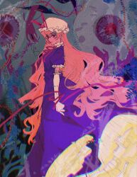 Rule 34 | 1girl, abstract background, blonde hair, closed mouth, dress, elbow gloves, feet out of frame, frilled sleeves, frills, from side, gap (touhou), glitch, gloves, hat, highres, long hair, looking at viewer, mob cap, neck ribbon, purple dress, purple eyes, red ribbon, ribbon, solo, touhou, very long hair, white gloves, white hat, xian qishui, yakumo yukari