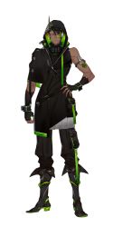 Rule 34 | 1boy, aragami oga, armlet, black footwear, black gloves, black hair, black shirt, boots, dark-skinned male, dark skin, earrings, fingerless gloves, full body, fur-trimmed collar, fur trim, gloves, green eyes, hand on own hip, high collar, highres, hoe-l, holostars, hood, hood up, horns, jewelry, layered clothes, long shirt, multicolored hair, official art, pleated skirt, pouch, red hair, scouter, shirt, shoulder belt, side cape, single earring, single horn, skirt, sleeveless, sleeveless shirt, standing, streaked hair, thigh pouch, transparent background, two-sided fabric, v-shaped eyebrows, virtual youtuber, wrist cuffs, zipper