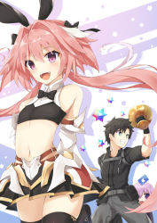 Rule 34 | 1girl, 2boys, apple inc., armor, arms behind back, astolfo (fate), astolfo (saber) (fate), bad id, bad pixiv id, bare shoulders, belt, black bow, black gloves, black hair, black jacket, black neckwear, black ribbon, black shirt, black skirt, black thighhighs, blue eyes, blush, bow, bowtie, buttons, chalice, crop top, cup, fate/grand order, fate (series), faulds, fujimaru ritsuka (male), fujimaru ritsuka (male) (polar chaldea uniform), gift card, gloves, grey pants, grin, hair between eyes, hair bow, hair intakes, hair over one eye, hair ribbon, highres, holy grail (fate), jacket, kuroisiro, light purple hair, long hair, long sleeves, looking at viewer, low twintails, mash kyrielight, midriff, miniskirt, multicolored hair, multiple boys, navel, open mouth, pants, pink hair, pleated skirt, polar chaldea uniform, pouch, purple eyes, ribbon, riyo (lyomsnpmp) (style), saint quartz (fate), shirt, short hair, skirt, smile, sparkling eyes, spiked hair, streaked hair, thighhighs, thighs, trap, twintails, white hair, wide sleeves, wing collar