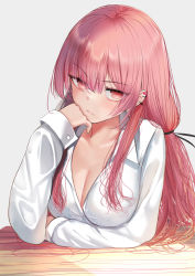 Rule 34 | 1girl, arm under breasts, azur lane, blush, breasts, cleavage, closed mouth, collared shirt, commentary request, dress shirt, ear piercing, earrings, grey background, hair between eyes, hair tie, hand on own chin, head rest, heart, jewelry, jitome, long hair, long sleeves, looking at viewer, medium breasts, perseus (azur lane), piercing, pink hair, red eyes, schreibe shura, shirt, sleeve cuffs, solo, twintails, upper body, white shirt