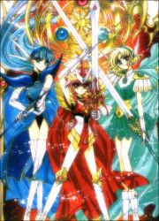 Rule 34 | 1990s (style), 3girls, armor, armored dress, blonde hair, blue hair, blue hairband, boots, clamp, elbow gloves, female focus, gloves, green skirt, hairband, hououji fuu, knee boots, leotard, magic knight rayearth, multiple girls, official alternate costume, official art, pink hair, red armor, retro artstyle, ryuuzaki umi, shidou hikaru, skirt, sword, thigh boots, thighhighs, traditional media, weapon