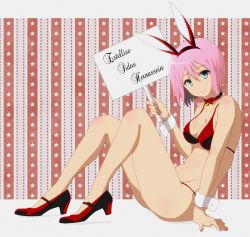 Rule 34 | 00s, 1girl, animal ears, bikini, breasts, rabbit ears, character name, choker, estellise sidos heurassein, green eyes, holding, holding sign, medium breasts, mokkei, navel, pink hair, placard, short hair, sign, solo, swimsuit, tales of (series), tales of vesperia, wrist cuffs