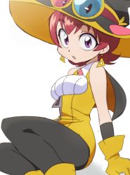 Rule 34 | 1girl, earrings, feylin, gloves, hat, jewelry, looking at viewer, oimanji, pantyhose, purple eyes, red hair, short hair, solo, tanken driland, white background, yellow gloves