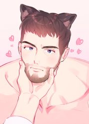 Rule 34 | 1boy, absurdres, animal ears, bara, beard, brown hair, cat ears, chris redfield, closed mouth, collarbone, facial hair, hand on another&#039;s chin, highres, hirusuhi, male focus, mature male, muscular, muscular male, nude, resident evil, short hair, sideburns, solo, stubble
