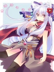 Rule 34 | 1girl, animal ears, assassin cross (ragnarok online), bell, belt, black thighhighs, blue background, bow, breasts, center opening, cleavage, commentary request, dutch angle, floral print, fox ears, hair bow, hair ribbon, japanese clothes, kimono, large breasts, long hair, looking at viewer, navel, open clothes, open kimono, paw print, paw print background, purple bow, ragnarok online, red eyes, red neckwear, ribbon, scarf, sidelocks, sleeveless, sleeveless kimono, smile, solo, tamak rui, tassel, thighhighs, twitter username, two-tone background, white background, white hair