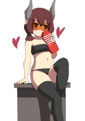 Rule 34 | 1girl, absurdres, arm support, artificial vagina, bad id, bad pixiv id, bandeau, bare arms, bare shoulders, black bandeau, black panties, black thighhighs, blush, brown eyes, brown hair, closed mouth, collarbone, hair between eyes, hair tie, heart, highres, holding, horns, navel, original, panties, pointy ears, sex toy, sidelocks, simple background, sitting, smile, solo, surio, thighhighs, underwear, white background