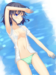 Rule 34 | 1girl, afloat, bad id, bad pixiv id, black hair, blue eyes, breasts, hand on forehead, kuro (be ok), medium breasts, navel, no bra, open clothes, open shirt, original, panties, partially submerged, shirt, short hair, solo, striped clothes, striped panties, underwear, water, wet