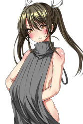 Rule 34 | &gt;:|, 10s, 1girl, :|, alternate costume, ar (lover boy), backless dress, backless outfit, bare arms, bare back, bare shoulders, black hair, blush, closed mouth, cowboy shot, dress, hair ribbon, highres, kantai collection, long hair, meme attire, ribbed sweater, ribbon, sidelocks, simple background, solo, sweater, sweater dress, twintails, v-shaped eyebrows, virgin killer sweater, white background, white ribbon, yellow eyes, zuikaku (kancolle)