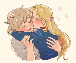 Rule 34 | 2girls, blonde hair, blue capelet, blue robe, blush, braid, breasts, capelet, closed eyes, couple, dreamsyndd, dungeon meshi, elf, falin touden, falin touden (tallman), hair around ear, heart, highres, holding, hood, hooded capelet, kiss, kissing cheek, long hair, long sleeves, marcille donato, multiple girls, open mouth, pointy ears, robe, short hair, simple background, smile, yuri