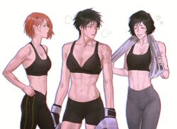 Rule 34 | 3girls, abs, anger vein, bare shoulders, black hair, boxing gloves, breasts, burn scar, cleavage, collarbone, cowboy shot, closed eyes, female focus, from side, hair behind ear, hand on own hip, heavy breathing, jujutsu kaisen, kugisaki nobara, large breasts, looking at another, medium breasts, midriff, multiple girls, navel, orange hair, pants, parted lips, scar, scar on arm, scar on face, short hair, shorts, simple background, spoilers, sports bra, standing, stomach, teeth, tight clothes, tight pants, toned, towel, towel around neck, twitter username, wengwengchim, white background, yellow eyes, yoga pants, zenin mai, zenin maki