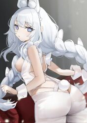 Rule 34 | 1girl, animal ears, ass, azur lane, blue eyes, blunt bangs, braid, breasts, butt crack, cross-shaped pupils, fake animal ears, fake tail, from behind, highres, le malin (azur lane), le malin (listless lapin) (azur lane), leotard, long hair, looking at viewer, nontraditional playboy bunny, official alternate costume, pantyhose, parted lips, pecora (udpf2448), playboy bunny, rabbit ears, rabbit tail, sideboob, small breasts, solo, symbol-shaped pupils, tail, twin braids, very long hair, white hair, white pantyhose, wrist cuffs