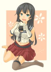 Rule 34 | 1girl, absurdres, agano (kancolle), anchor symbol, asymmetrical legwear, black hair, black sailor collar, blush, breasts, cleavage, eating, food, gloves, green eyes, highres, kantai collection, large breasts, long hair, looking at viewer, navel, necktie, onigiri, open mouth, pink background, pot-de, red skirt, sailor collar, school uniform, serafuku, single thighhigh, sitting, skirt, sleeveless, smile, solo, thighhighs, twitter username, white gloves