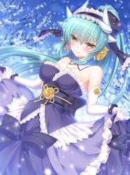 Rule 34 | 1girl, aqua hair, blush, breasts, dragon horns, dress, elbow gloves, fate/grand order, fate (series), flower, gloves, hair flower, hair ornament, hlz, horns, kiyohime (fate), kiyohime (formal dress) (fate), long hair, medium breasts, ponytail, solo, very long hair, white gloves, yellow eyes