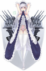 Rule 34 | 1girl, apron, areola slip, armpits, arms behind head, azur lane, belfast (azur lane), blue eyes, blush, bow, bow panties, braid, breasts, cannon, chain, cleavage, clothes lift, collar, dress, dress lift, female pubic hair, french braid, frilled gloves, frills, full body, garter belt, garter straps, gloves, gluteal fold, heart, heart-shaped pupils, highres, lace, lace-trimmed legwear, lace trim, large breasts, lifted by self, long hair, looking at viewer, machinery, maid, maid headdress, mouth hold, muka tsuku, navel, no shoes, panties, pubic hair, pubic tattoo, rigging, see-through, silver hair, simple background, solo, symbol-shaped pupils, tattoo, thighhighs, thighs, torpedo launcher, underwear, white gloves, white panties, white thighhighs