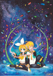 Rule 34 | 1boy, 1girl, ahoge, bamboo, blonde hair, bow, brother and sister, bubble, hair bow, headphones, hetero, holding, holding hands, kagamine len, kagamine rin, marker (medium), mosho, painting (medium), shide, siblings, sitting, sky, star (sky), starry sky, string, string of fate, tanabata, tanzaku, traditional media, twins, vocaloid, wariza, water, watercolor (medium), watercolor pencil (medium)