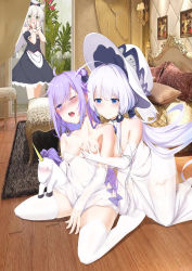 Rule 34 | !, &gt; &lt;, 1z10, 3girls, absurdres, ahoge, animal ears, azur lane, bed, blue eyes, blush, bow, grabbing another&#039;s breast, breasts, breasts out, carpet, cat ears, chair, collar, commentary request, curtains, dress, drooling, ear blush, elbow gloves, embarrassed, fang, gem, gloves, grabbing, green eyes, hair bow, hair bun, hammann (azur lane), hands on own face, hat, highres, illustrious (azur lane), indoors, large breasts, long hair, maid, medium breasts, mole, mole under eye, multiple girls, no shoes, one eye closed, open mouth, painting (object), photo background, pillow, purple eyes, purple hair, saliva, seiza, side bun, single side bun, sitting, skin fang, smile, tears, unicorn, unicorn (azur lane), very long hair, walk-in, white dress, white hair, wooden floor, yuri