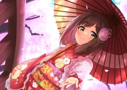 Rule 34 | 1girl, :3, arms up, blue sky, blush, branch, bridge, brown hair, cherry blossoms, commentary request, day, dutch angle, floral print, flower, foreshortening, furisode, green eyes, hair flower, hair ornament, highres, holding, holding umbrella, hydrangea, idolmaster, idolmaster cinderella girls, japanese clothes, kimono, looking at viewer, maekawa miku, obi, oil-paper umbrella, outdoors, outstretched hand, partial commentary, sash, shawl, short hair, sky, solo, swepot, umbrella